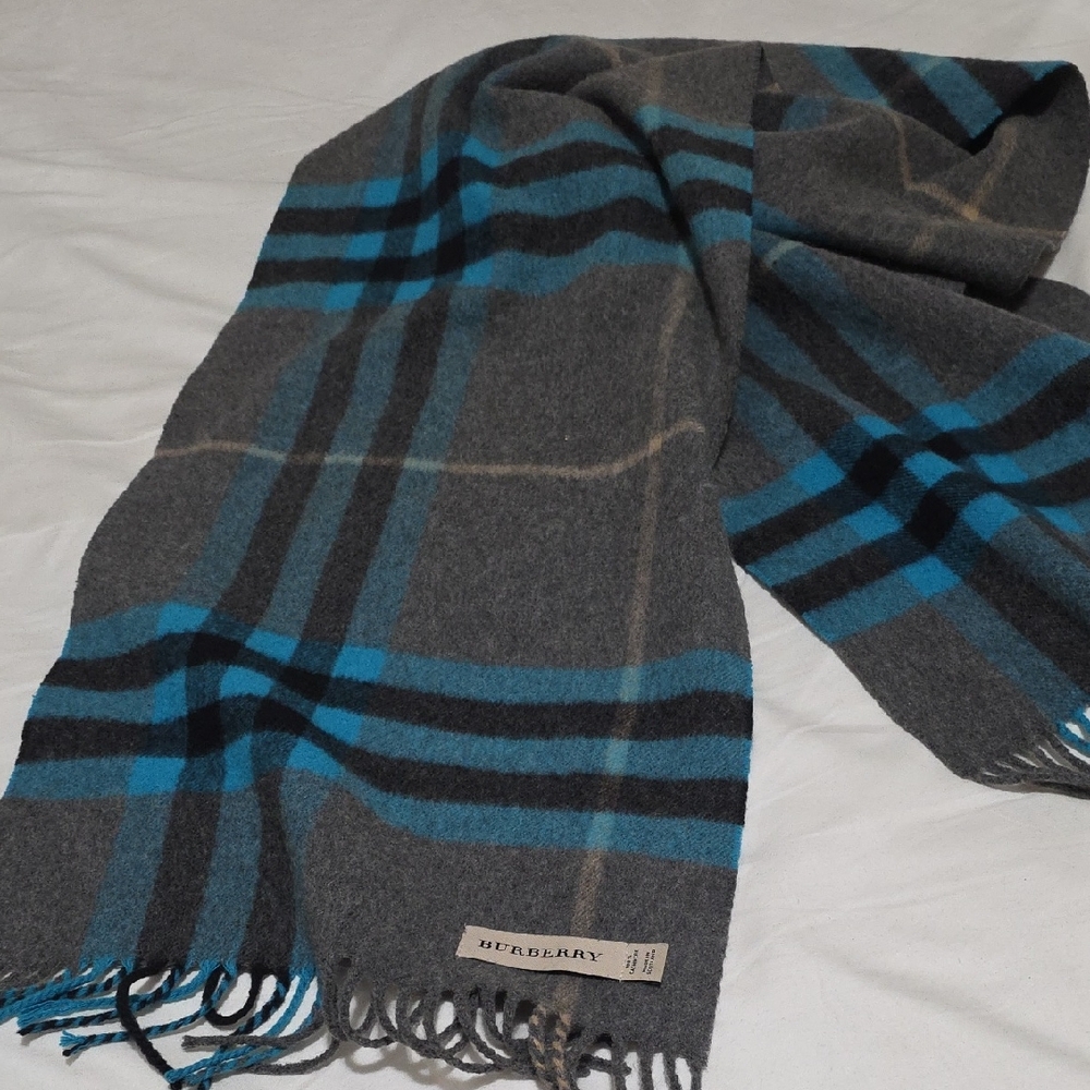 Burberry Charcoal and Teal Plaid Scarf